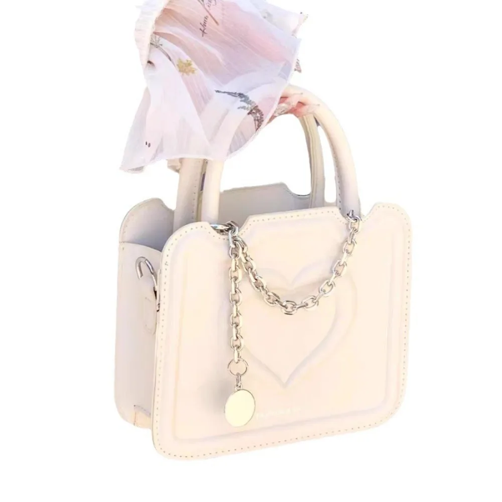 Cream Heart Crossbody Bag Fashion PU Chic Chain Mini Handbags Square Bags