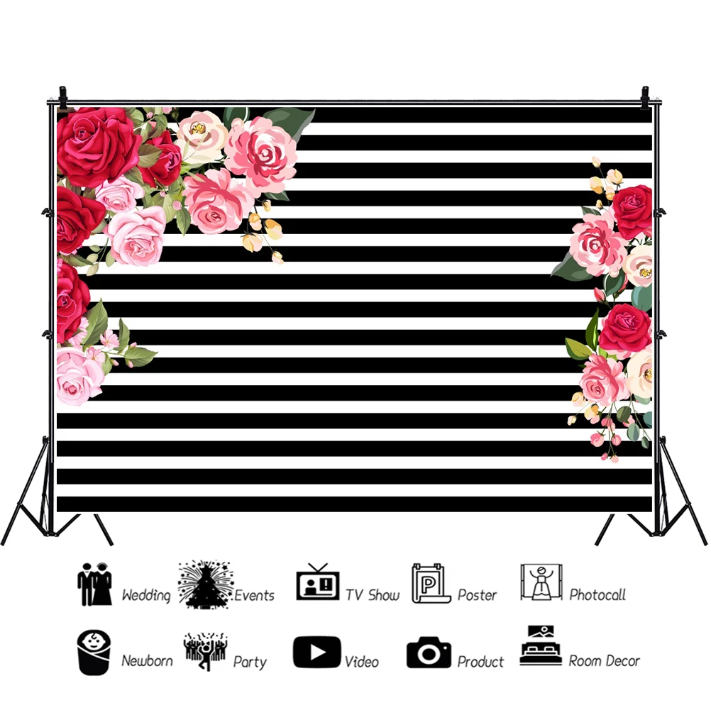 Fondo de pared de flores a rayas, telón de fondo de flores para Baby Shower, decoración del hogar, suministros de utilería para Fotos de Fiesta de cumpleaños de niños y adultos