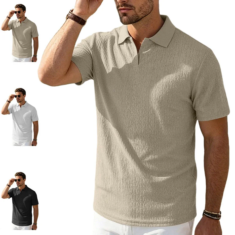 Men's Jacquard Textured Polo Shirt Short Sleeve Turn‑Down Collar V Neck Placket Casual Summer Tops