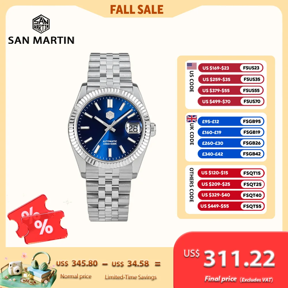 San Martin Watch For Men Mechanical Watches Waterproof 36.5mm Wristwatch Luxury Automatic Date Sapphire Glass Lume 10Bar SN0058x