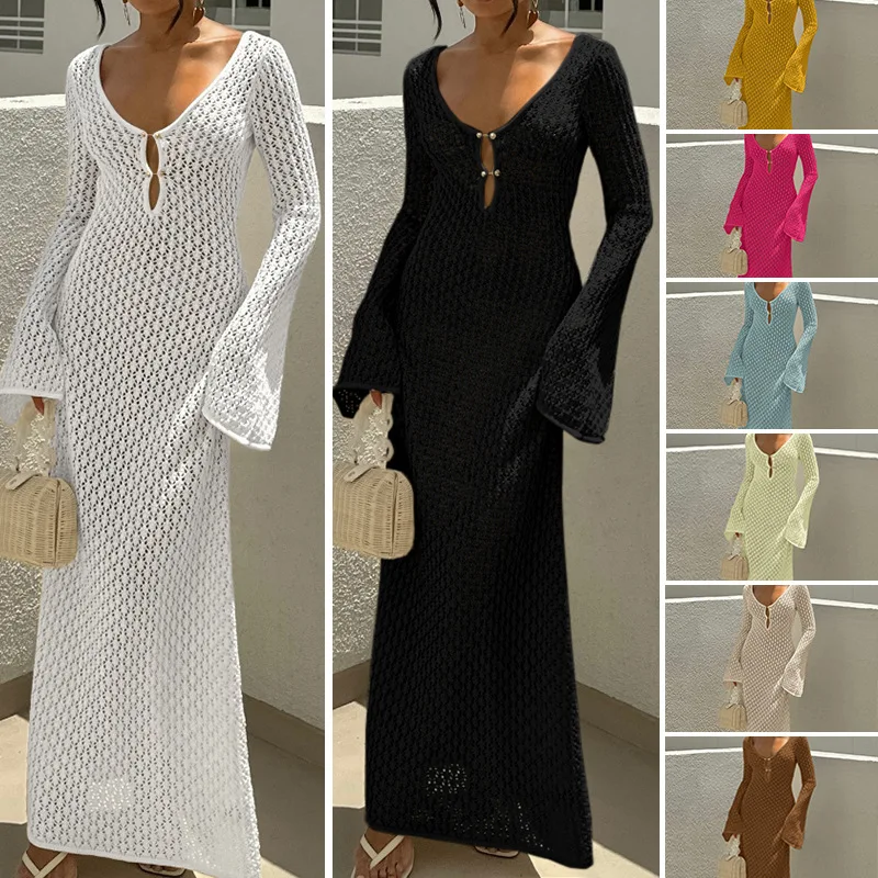 

New Hollow Texture V-neck Round Buckle Long-sleeved Holiday Long Dress Beach Sunscreen Halter Dress