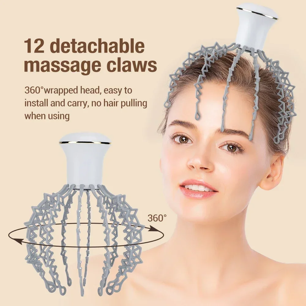 Elétrica polvo garra couro cabeludo massageador, mãos livres terapêutico cabeça scratcher, cabelo estimulação alívio, recarregável Stress Relief, novo