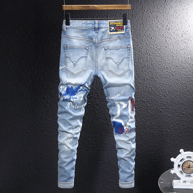 

Street Fashion Designer Men Jeans High Quality Retro Light Blue Stretch Slim Fit Printed Ripped Jeans Men Vintage Denim Pants