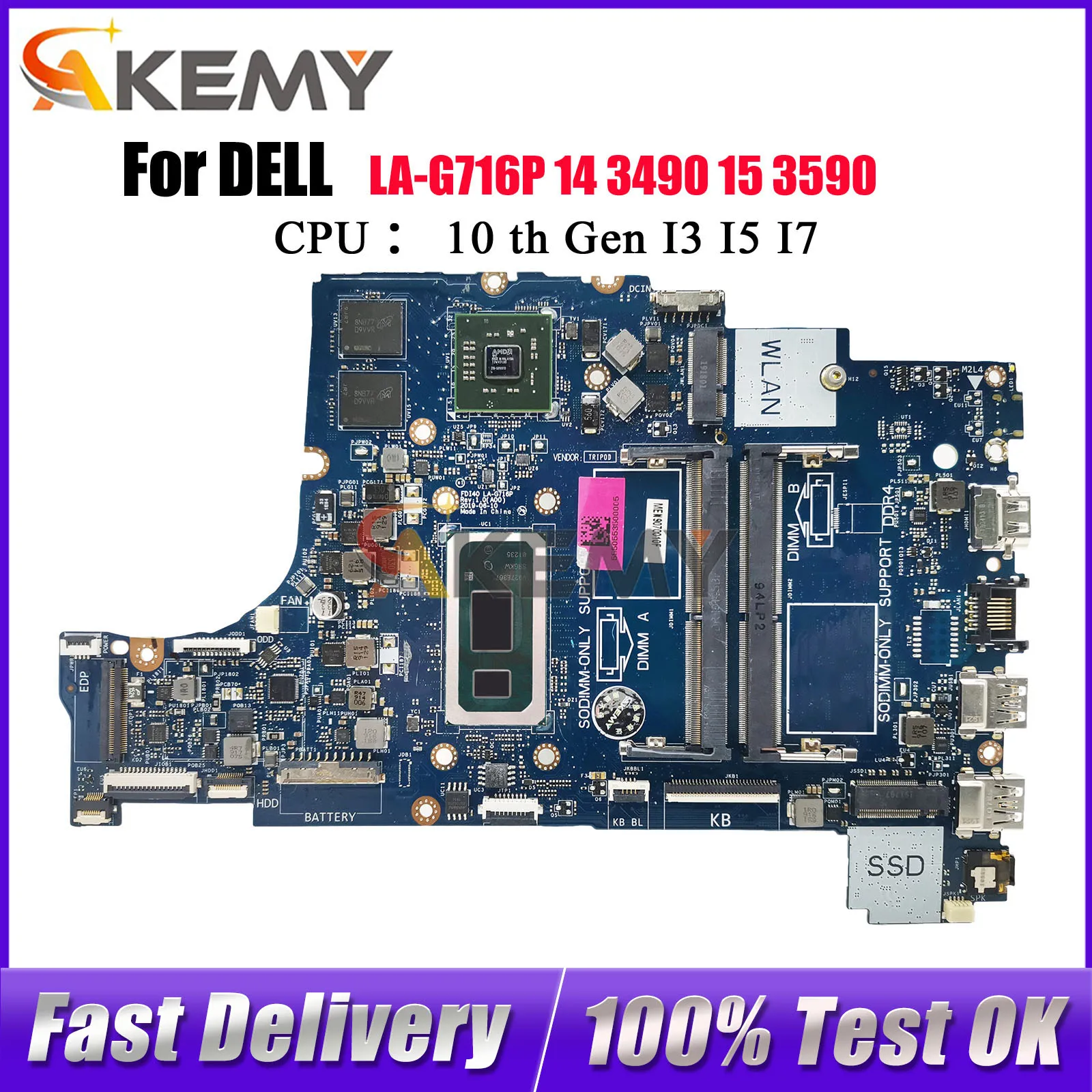 Placa base para portátil Dell Inspiron 3490 3590 5494 LA-G716P con CPU i5 i7 de 10. a generación V2G GPU P43V7 100% completamente probada