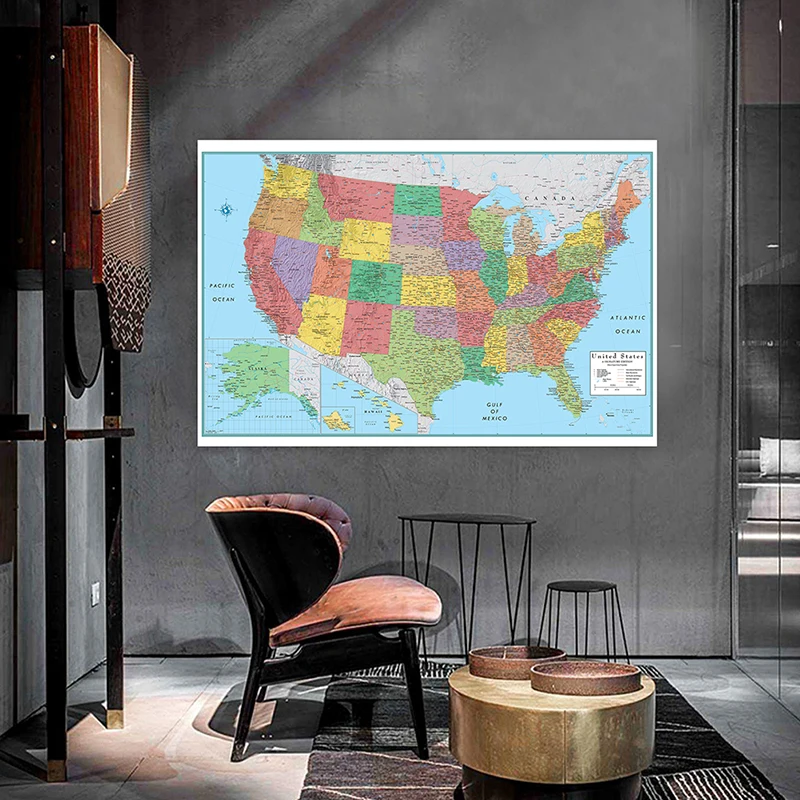 100*70cm Retro American Administrative Map Prints Non-woven Fabric Art Pictures Room Decoration School Supplies In English