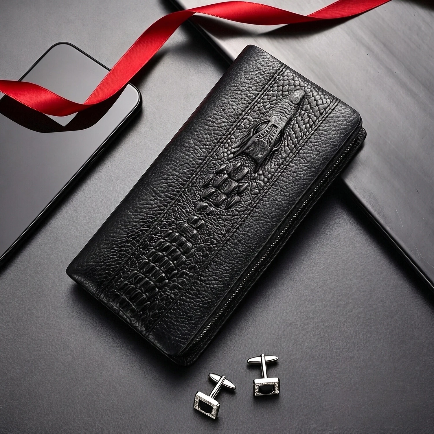 Men PU Leather Wrist Clutch Wallet, Crocodile Embossed Full‑Zipper Hand Purse with Wrist Strap, Multi Card Slots Business Pouch - view 2