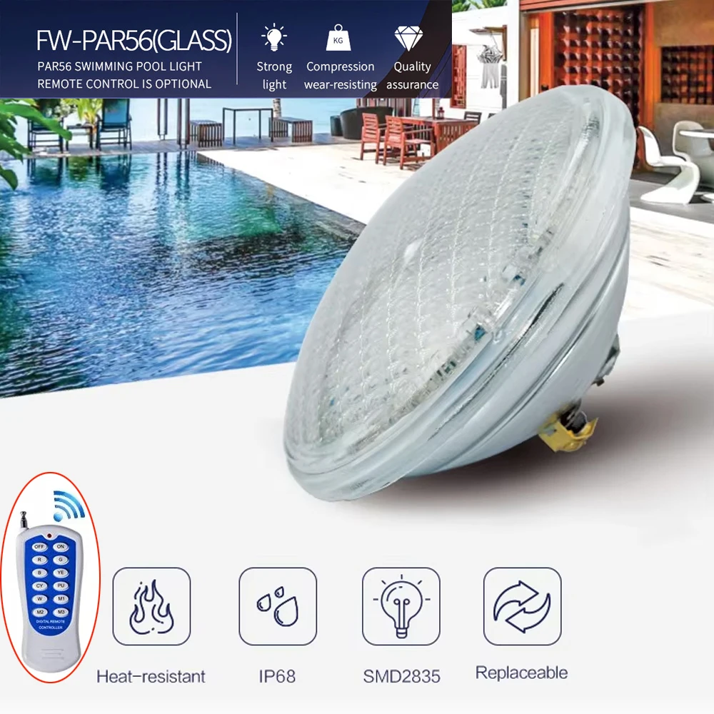 12V PAR56 RGB LED Swimming Pool Light 18W 35W 54W IP68 Waterproof Underwater Pool Lamp with Remote Control Thickened Glass