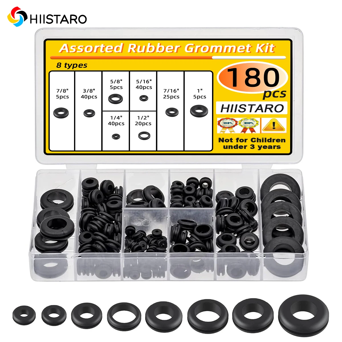 

180Pcs Assorted Rubber Grommet Kit 1/4", 5/16", 3/8", 7/16",1" Automotive Gasket Combo Rubber Clue Rings for automotive wiring
