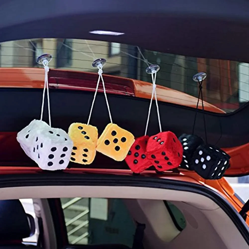 Pair of Retro Square Mirror Hanging Couple Fuzzy Plush Dice with Dots for Car Decoration (Pink) view 4