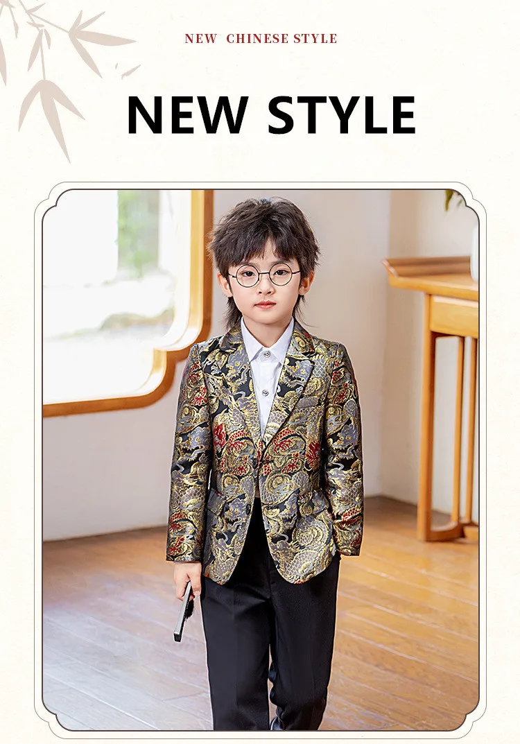 Roter Jacquard-Anzug für Jungen im chinesischen Stil, formeller Smoking für Kinder für Gastgeberauftritte, Klavierauftritte, Modenschauen, Hochzeiten und Partys – Detail 3