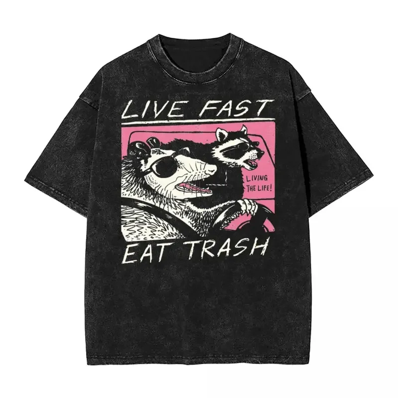 Raccoon live fast eat trash T shirt hip hop tapping Cotton High Street T-shirts vintage men women tops streetwear printed tees