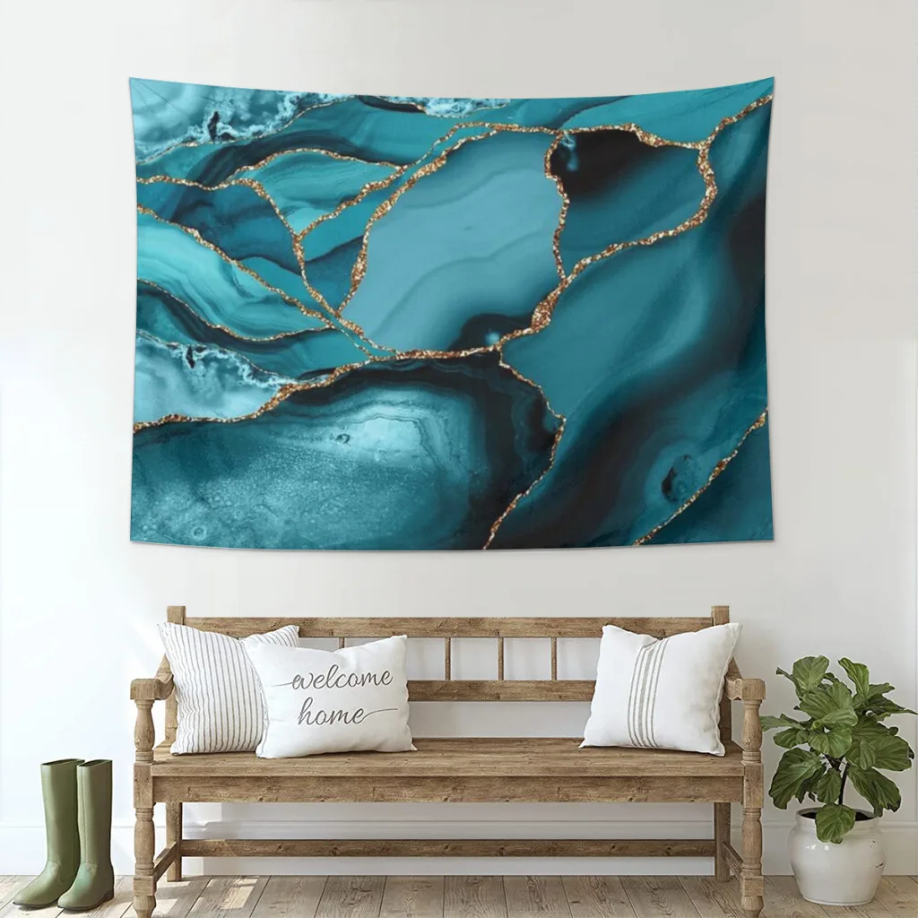 Teal And Gold Faux Marble Landscape Waves Tapestry  Home And Decoration Wall Art Tapestries Room Decors