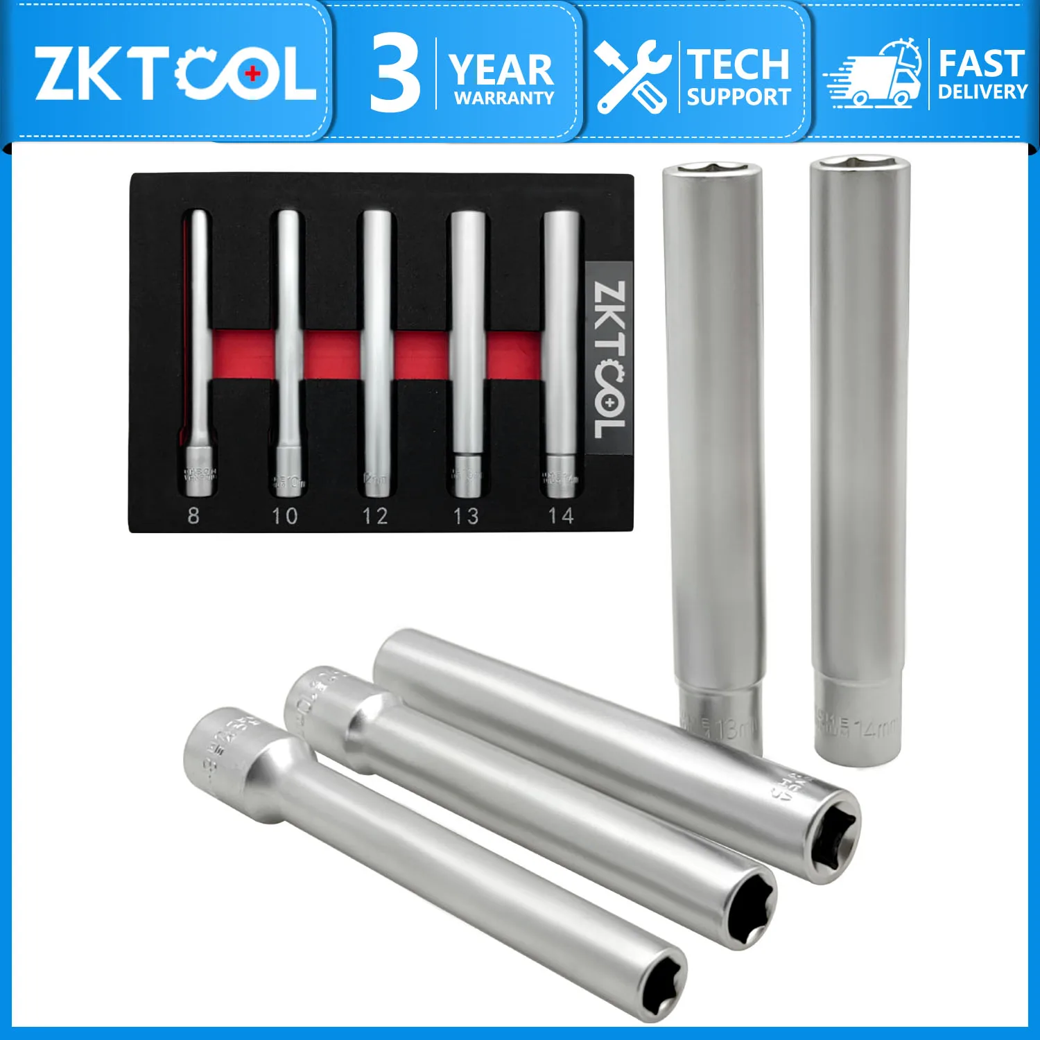 Extra Deep Socket Set 5 Pieces 3/8 Drive Adapter Cr-V Deep Well Sockets - 6 Point 5/8 and 13/16 Inch - 12 Point 14, 16 and 18 mm