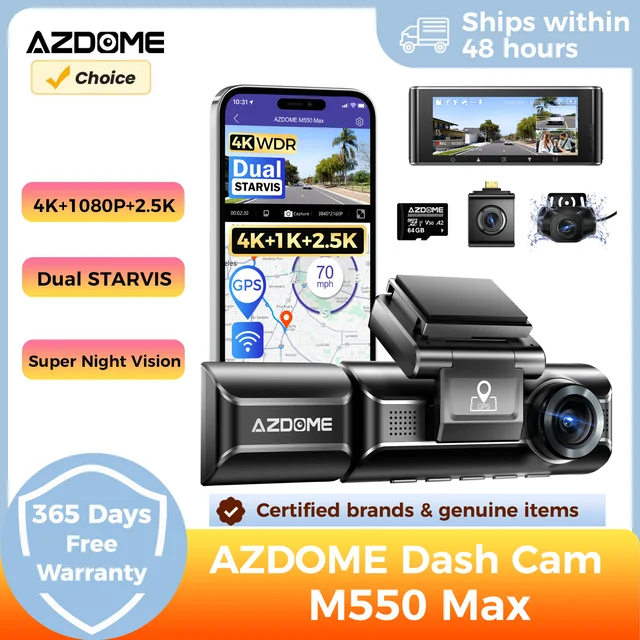 AZDOME 4K Dash Cam M550 Max Wbudowana kamera GPS Wifi Rejestrator samochodowy 3,18-calowy ekran Night Vision 24H Monitor parkowania Obsługa tylnej kamery