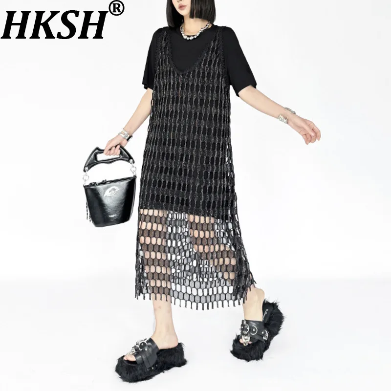 

HKSH Лето Новый женский длинный жилет Нишевый дизайн Выдалбливают шикарное платье Модная индивидуальная уличная одежда Стильные темные майки HK12021