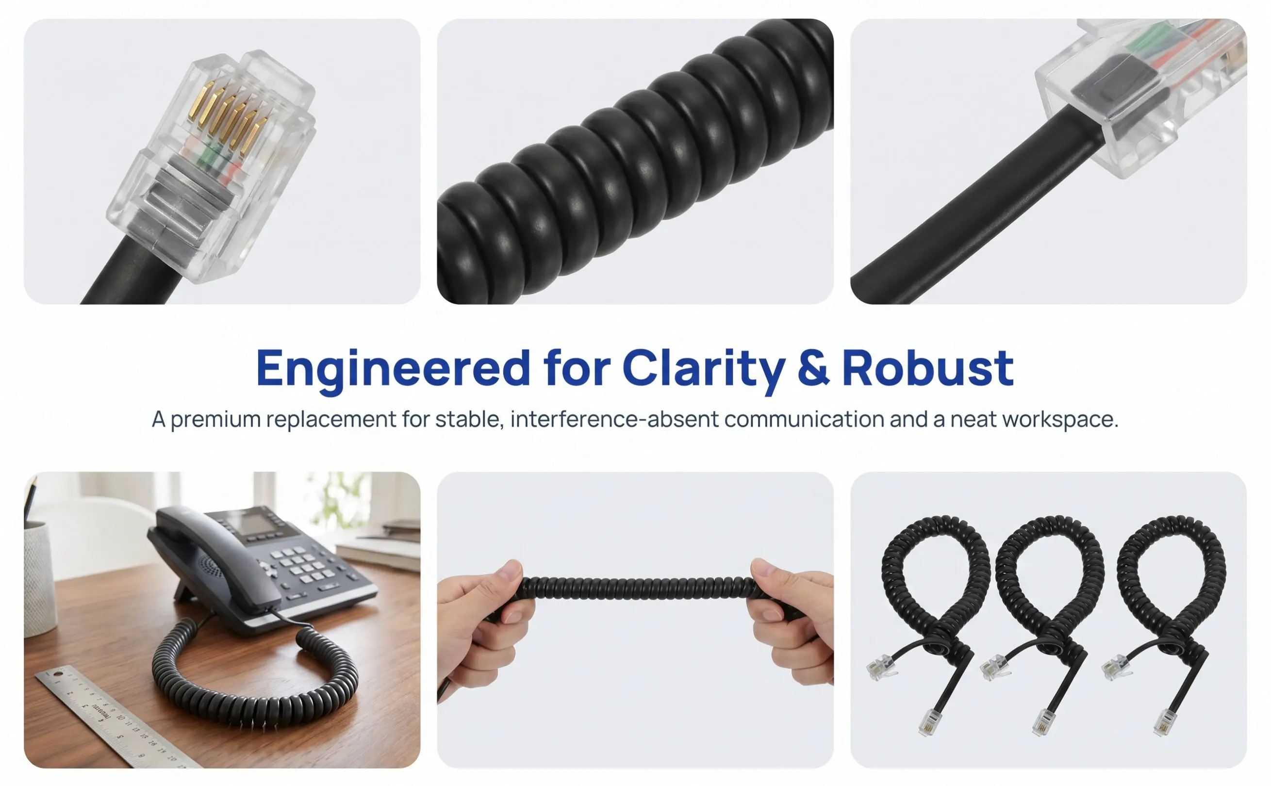3Pcs Black Telephone Cords Coiled Cord Stable Signal Anti-Knot Phone Cord Cable for Landline Phones Easy Use