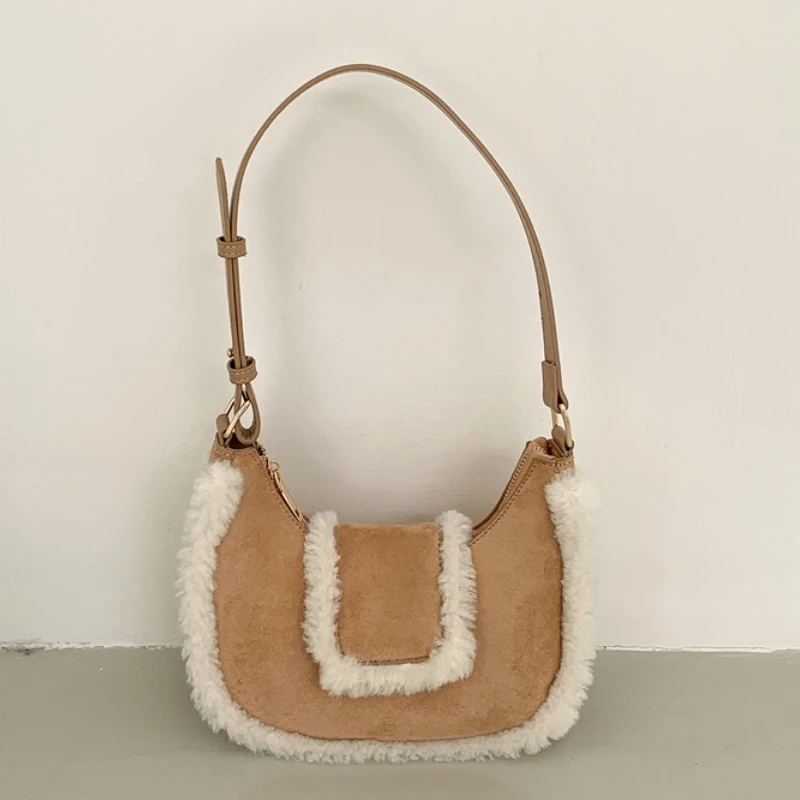 New Fashion Faux Fur Stitched Plush Shoulder Bag Women's Vintage Soft Buckle Zipper Underarm Bag Female Daily All-Match Handbags