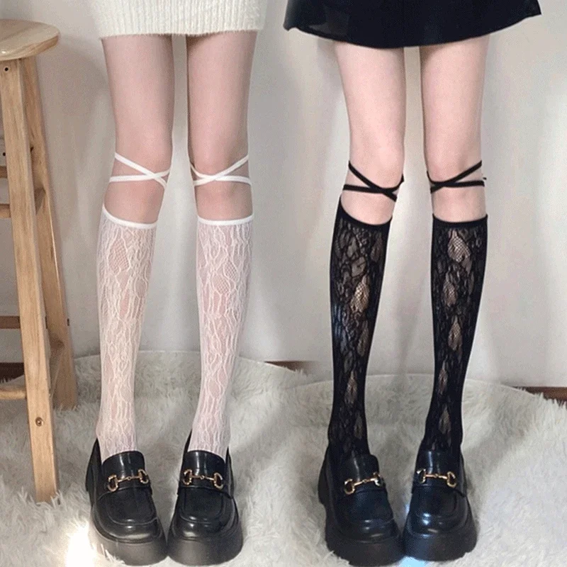 Street Split Toe Socks Strappy Lace Fishnet Stockings Cool JK Girl Knee Socks Japanese Lolita Jk Long Knee High Socks Lolita