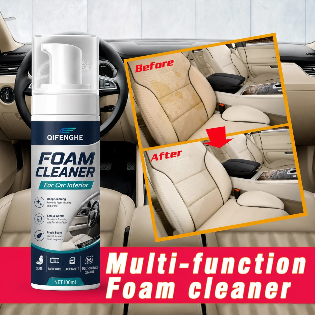 Multifunctional Foam Cleaner Car Interior Stain Removal and Cleaning Leather Seat Home Foam Cleaner Spray Maintenance Wash