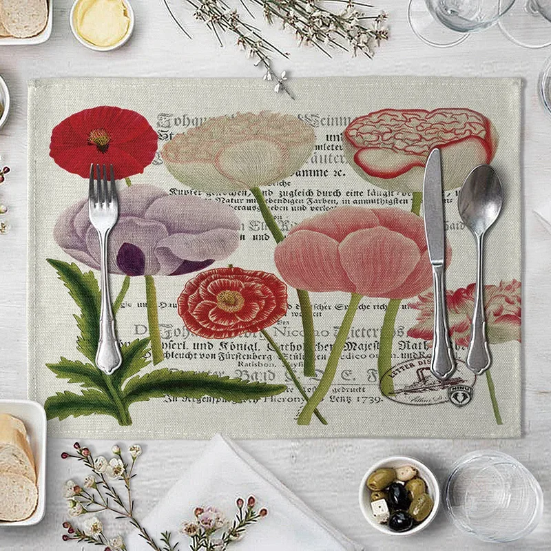 Flower Table Mat Wintage Table Mat Flower Newspaper Printed Kitchen Placemat Dining Table Mat Coaster Cotton Linen Pads Cup Mats