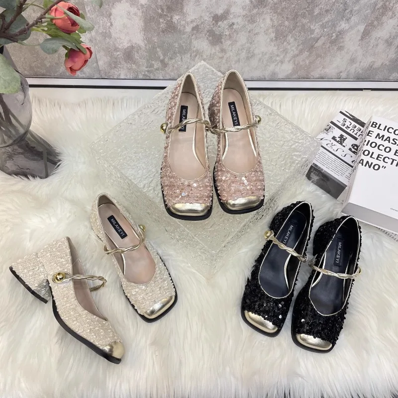 2024 Wiosna i jesień Chunky Heel Square Head Single Shoe Sequin Small Fragrant Wind Womens Shoes Shallow Mouth Mary Jane Shoes