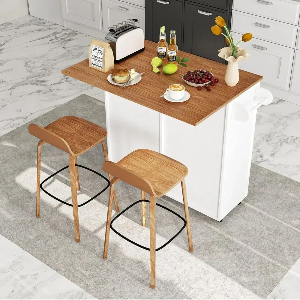 Mobile Kitchen Island Cart with Hidden Trash Bin, Drop Leaf, 2 Drawers, Towel Bar, Rolling Breakfast Table, White & Natural Wood
