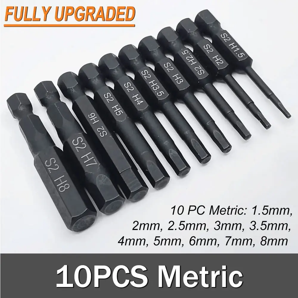 10 Pcs SAE/Metric Hex Head Allen Wrench Drill Bit Set 1/4\