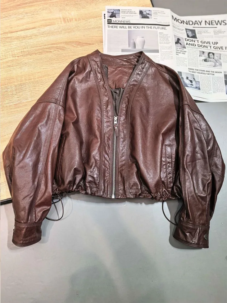 Female Zipper V Neck Genuine Leather Oil Wax Jacket Loose Fit Women Design Motorcycle Coat  Real Sheepskin Jacket Autumn Winter