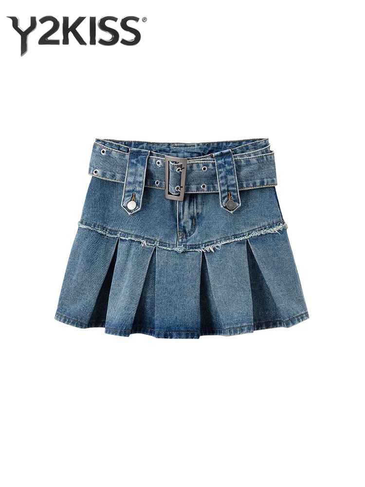

Летняя женская мини-юбка А-силуэта 2000-х годов, джинсовая, плиссированная, в стиле K-pop, для вечеринок, Y2K, High Street, американский ретро, корейский K-pop, Gyaru, E-girl