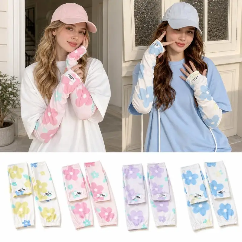 Women's Summer Sun Protection Ice Sleeves, Fashion Floral Print Arm Sleeves with Thumb Holes for Outdoor Wear