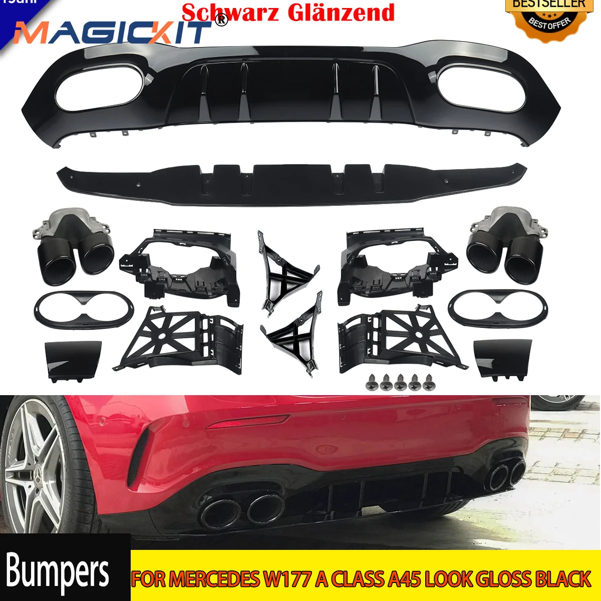 MagicKit FOR MERCEDES W177 A CLASS A45 LOOK GLOSS BLACK REAR DIFFUSER+EXHAUST TIPS 2019+