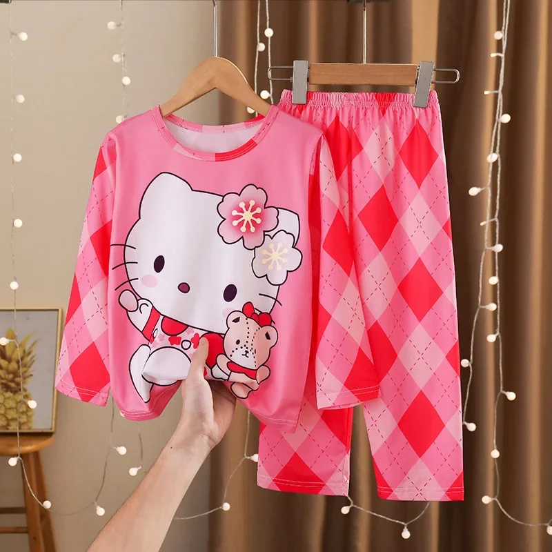 Pijamas de Anime Kawaii Sanrioed Kuromi Cinnamoroll para niños, ropa de dormir de manga larga para niños, ropa de dormir para niños y niñas, primavera y otoño