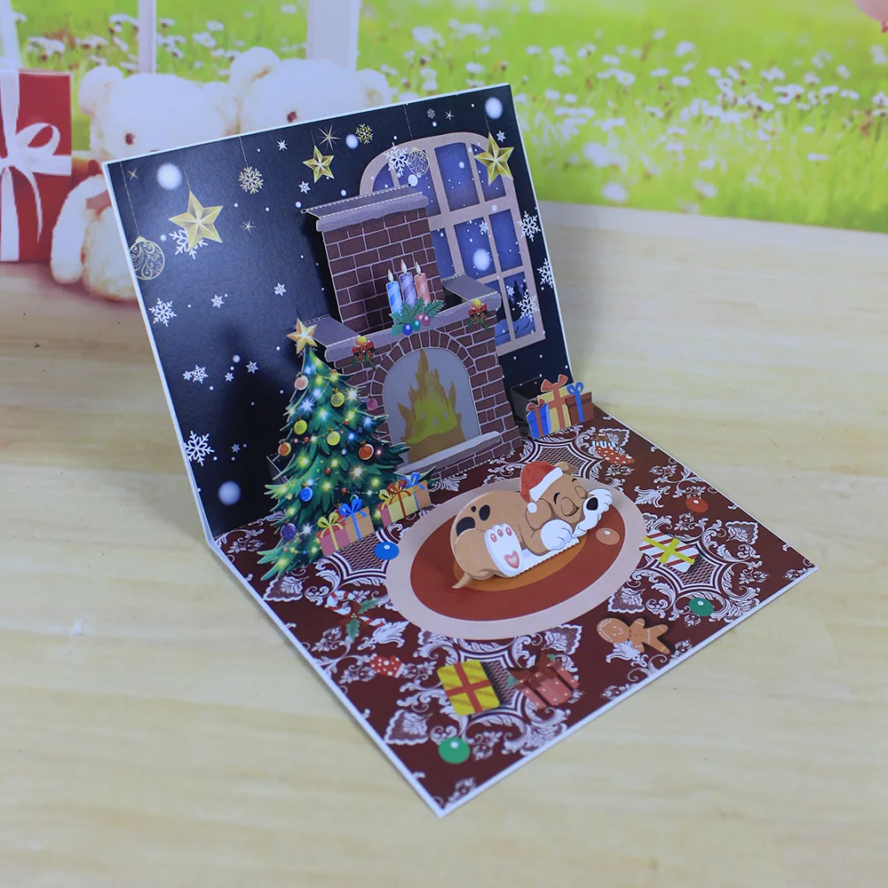 1PC Christmas Blessings Music Lights Projection Elderly Fireplace 3D Stereoscopic Greeting Card Paper Sculpture New Year Card