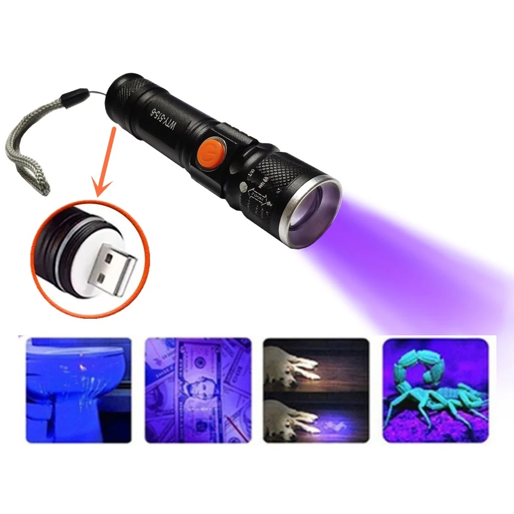 T6 Ultraviolet Flashlight Led Black Uv Light Achar Scorpion USB Rechargeable Fake Note