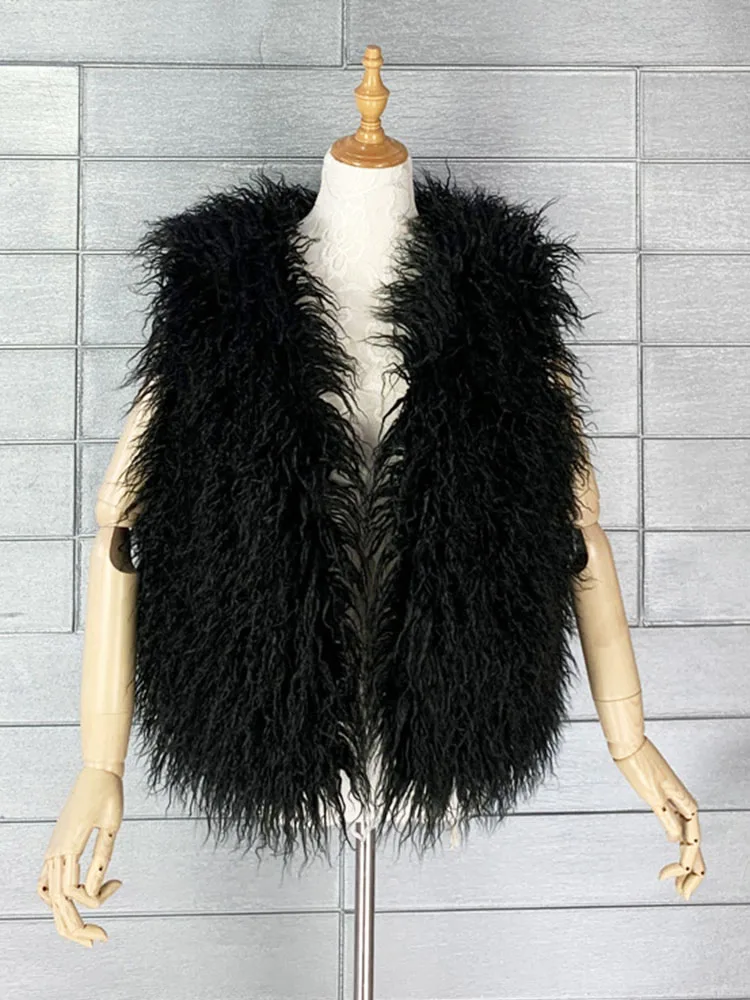 2023 Fashion Colorful Mongolia Sheep Fur Jacket Women Winter FAUX Fur Vest Female Warm Sleeveless Faux Fur Coat Vests