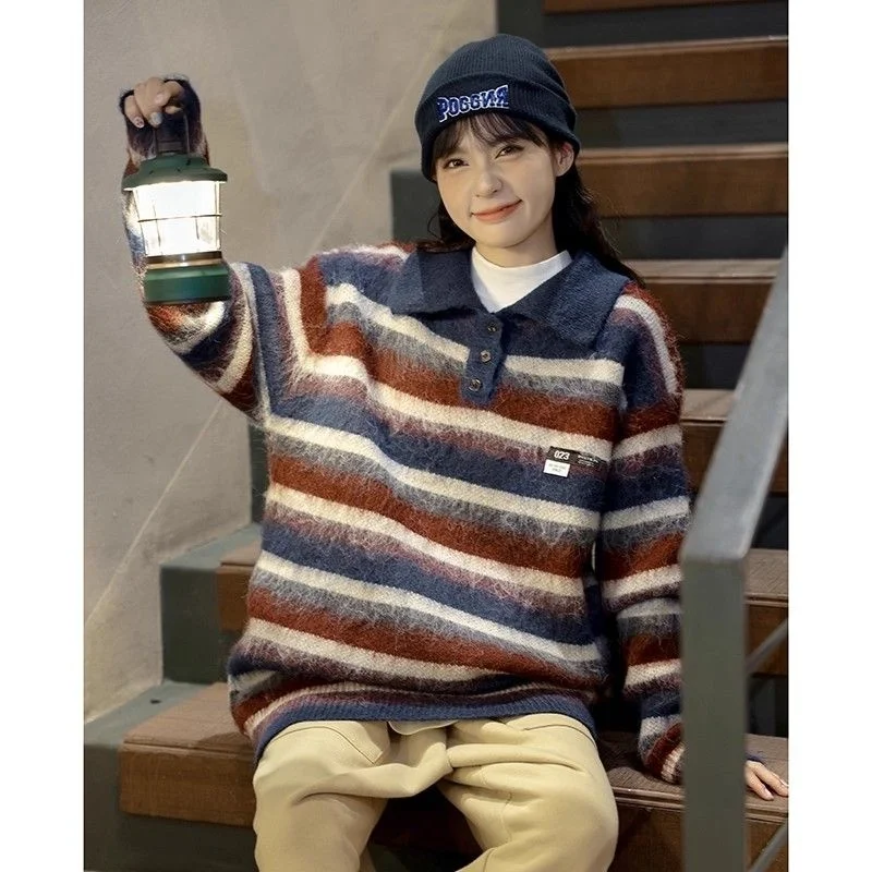 

American Sle Lazy Vintage Striped Loose Ne Sweater ex Autumn Winter Classic Collar Top Trendy Polyester Fiber