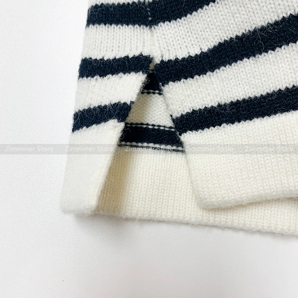 Fashionable Women~New Chinese Standing Collar Colour Collision Plate Button Wool Cashmere Knit Classic Stripe Cardigan