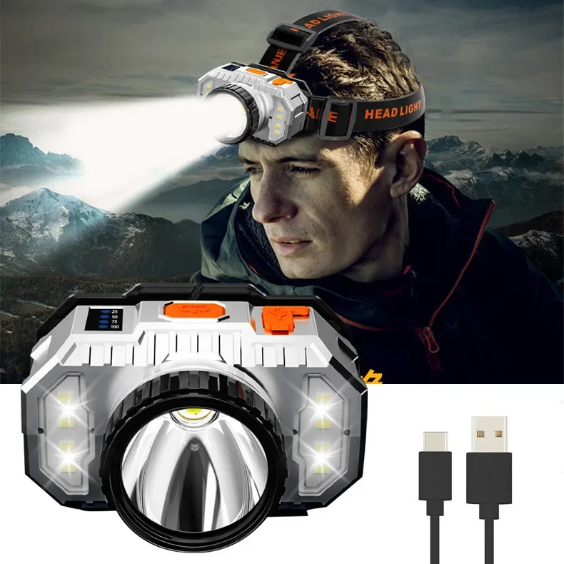 Super Bright LED Headlamp USB Rechargeable Headlight Waterproof Head Lamp Powerful High Lumen Head Front Light with Battery