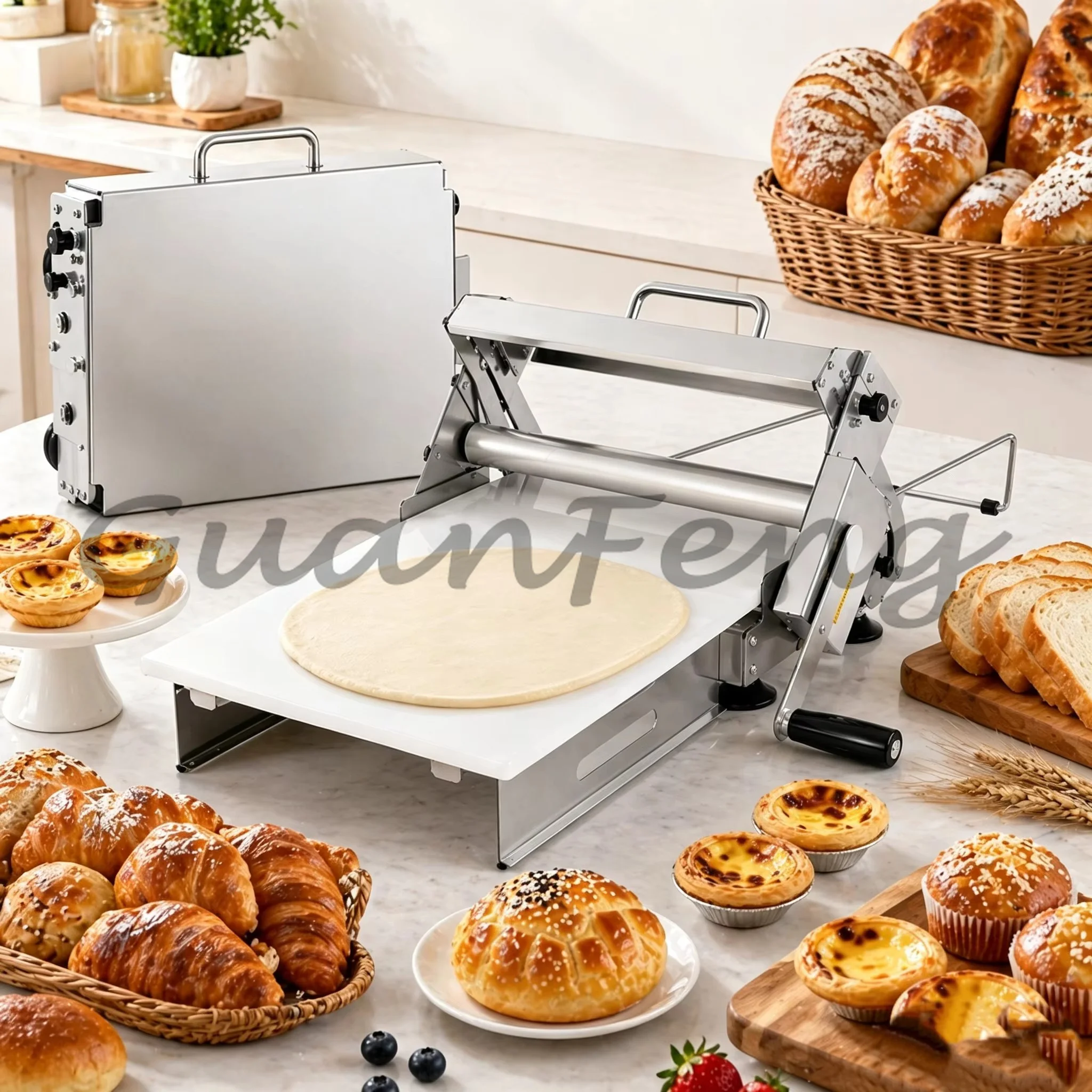 12 Inch Portable Commercial Pizza Dough Roller, 304 Stainless Steel Dough Press, Adjustable 0-20mm, 30x60cm Worktable