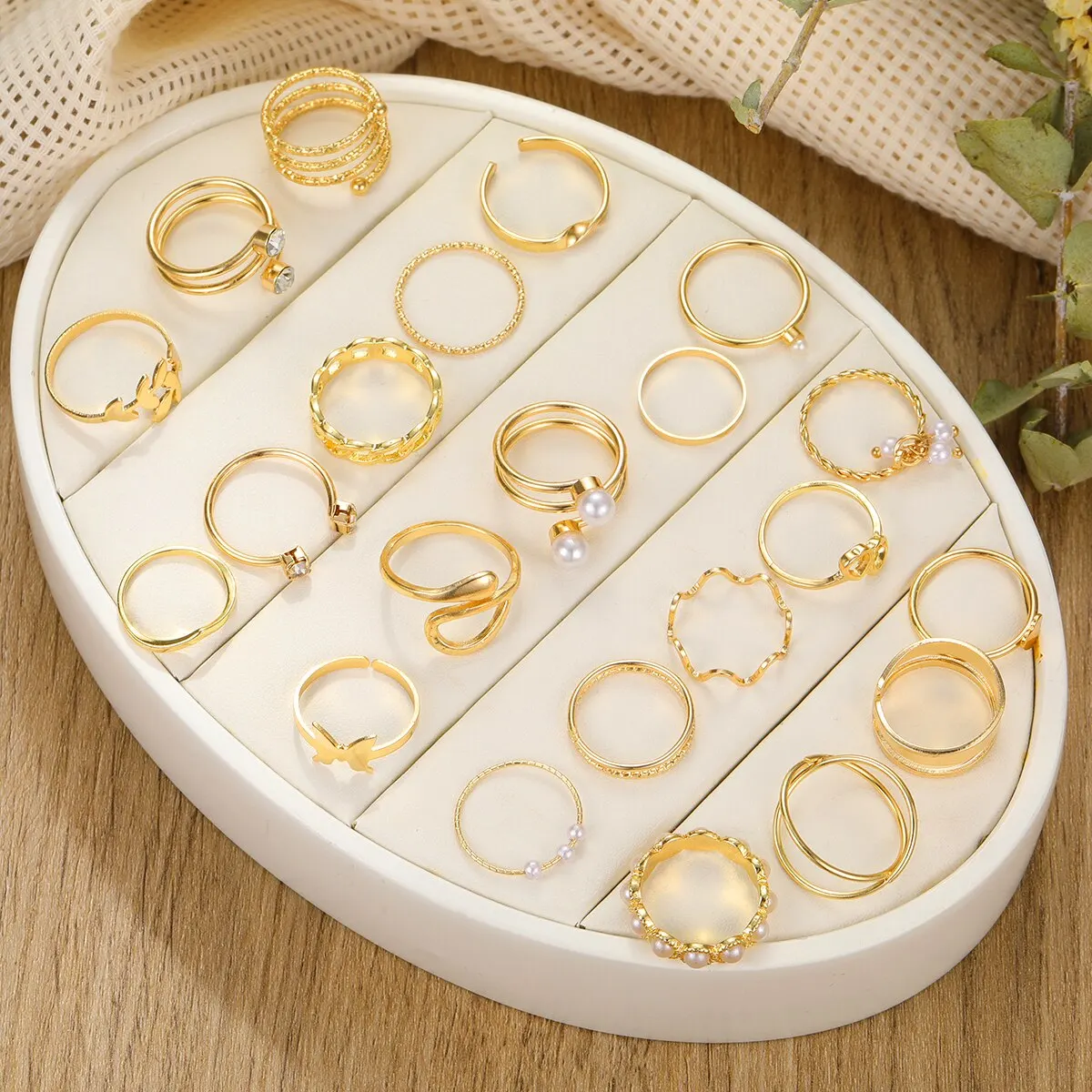 22 Sets Of Ladies Jewelry European And American New Creative Simple Temperament Spiral Fake-pearl Love Ring Gold-color image 5