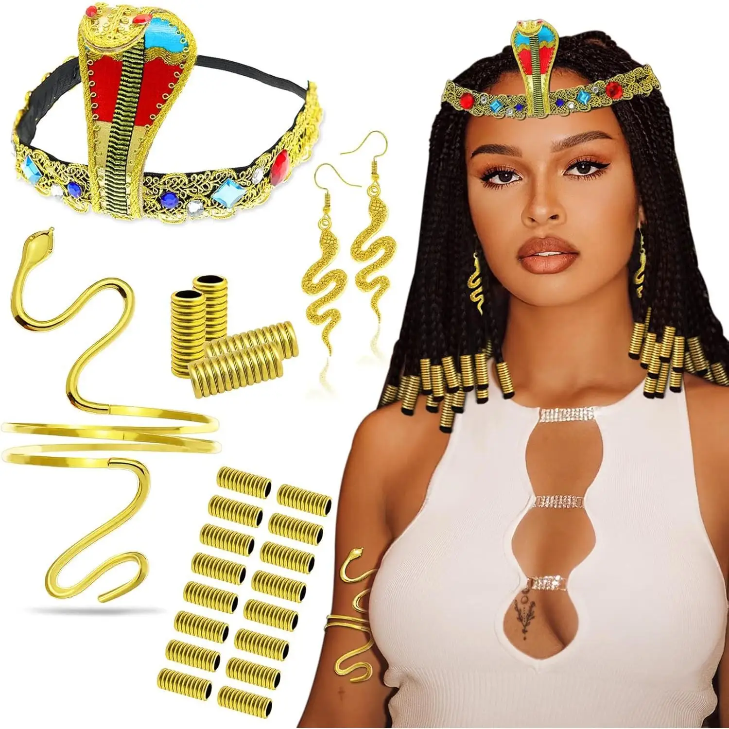 إكسسوارات أزياء كليوباترا المصرية، غطاء رأس على شكل ثعبان ذهبي، أقراط على شكل ذراع، سوار مجوهرات، أزياء الهالوين للنساء