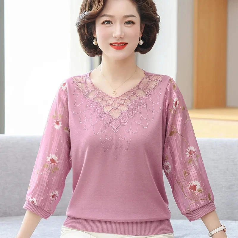 Thin Yarn Sleeved Knitted Sweater Fashion Middle Aged Elderly Women\'s T-Shirts Top 2024 New Spring Summer Autumn Tshirt Female