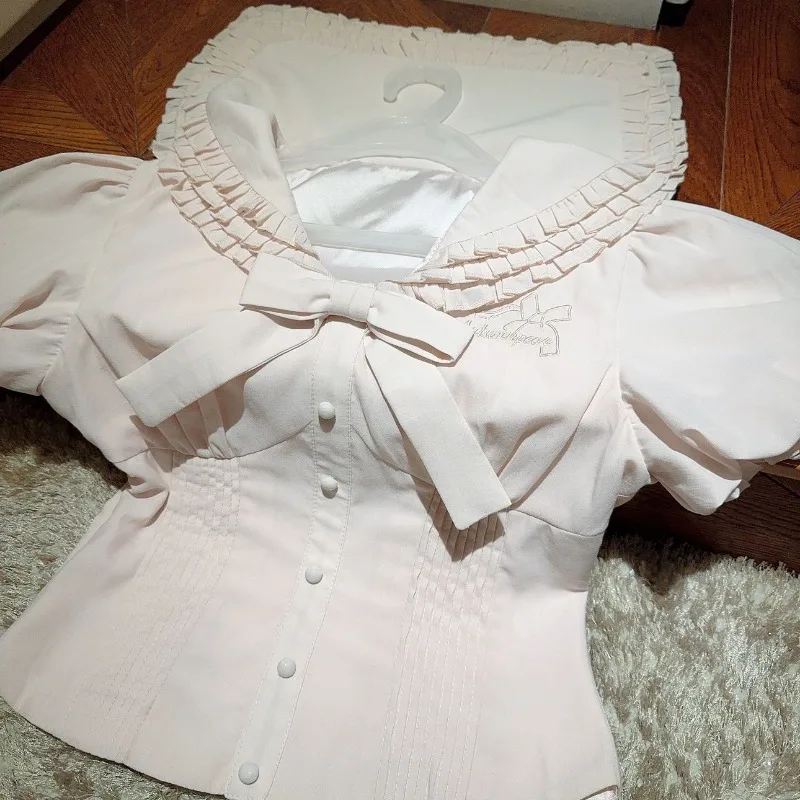 Kawaii Lolita White Women Cute Lace Tops Ruffle Shirts Vintage Puff Sleeves Blouses Japanese Preppy Style Sweet Bow Tees Summer