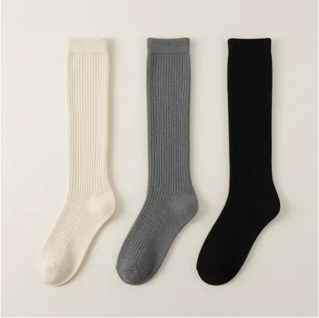 Women's Knee-High Knitted Socks – Solid Color with Vertical Stripes, Warm Harajuku/Lolita Style for Autumn & Winter
