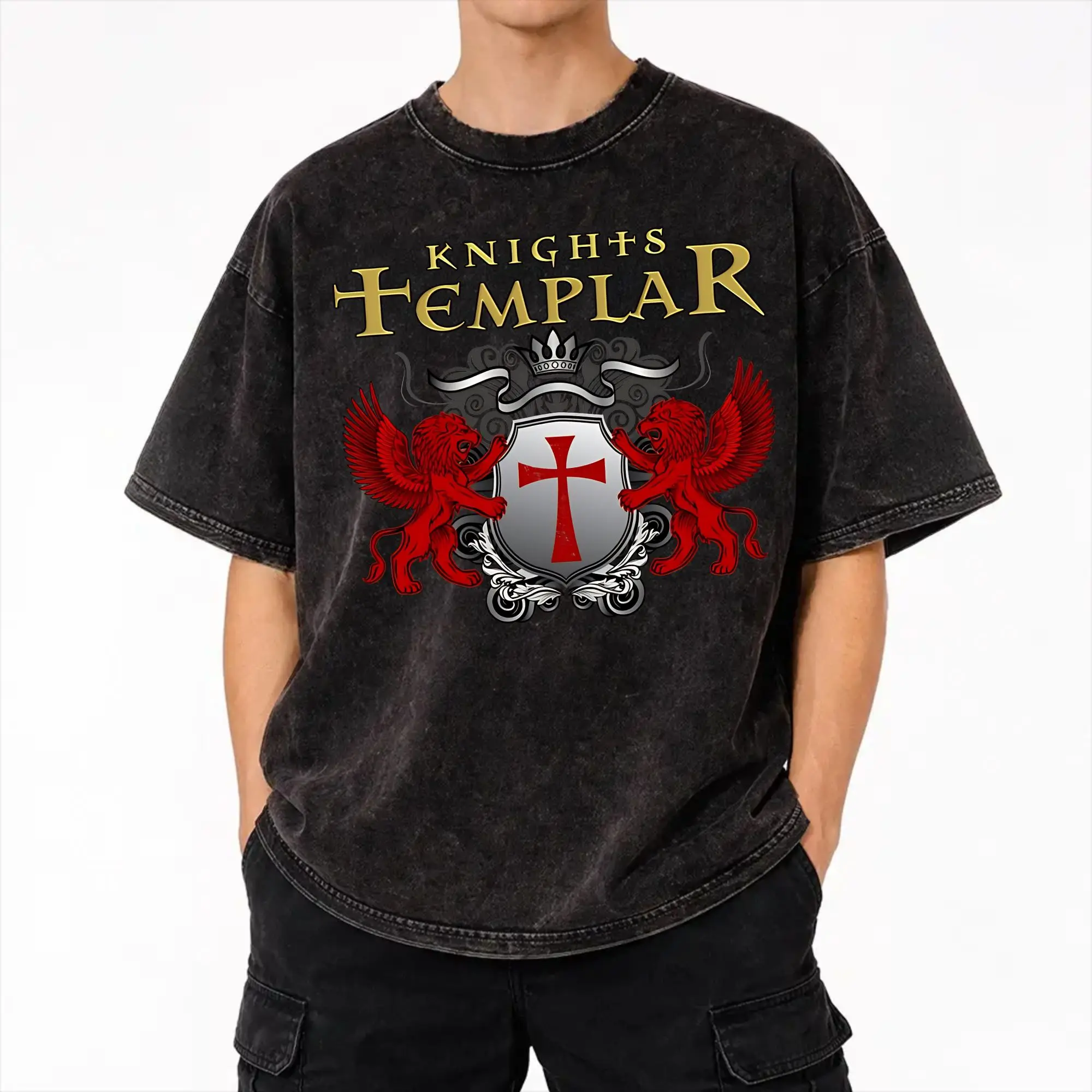 Harajuku Washed Shirt Templar Cross Knights Merch Novelty T Shirt Oversize  Streetwear Short Sleeve Graphic Printed Tee Shirt