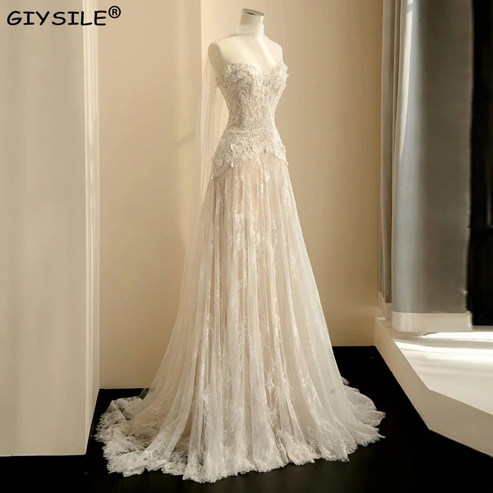 

GIYSILE Customized Off Shoulder A-lined Wedding Dresses Luxury 2025 Strapless Tulle Modern Lace Appliques Sleeveless Bridal Gown