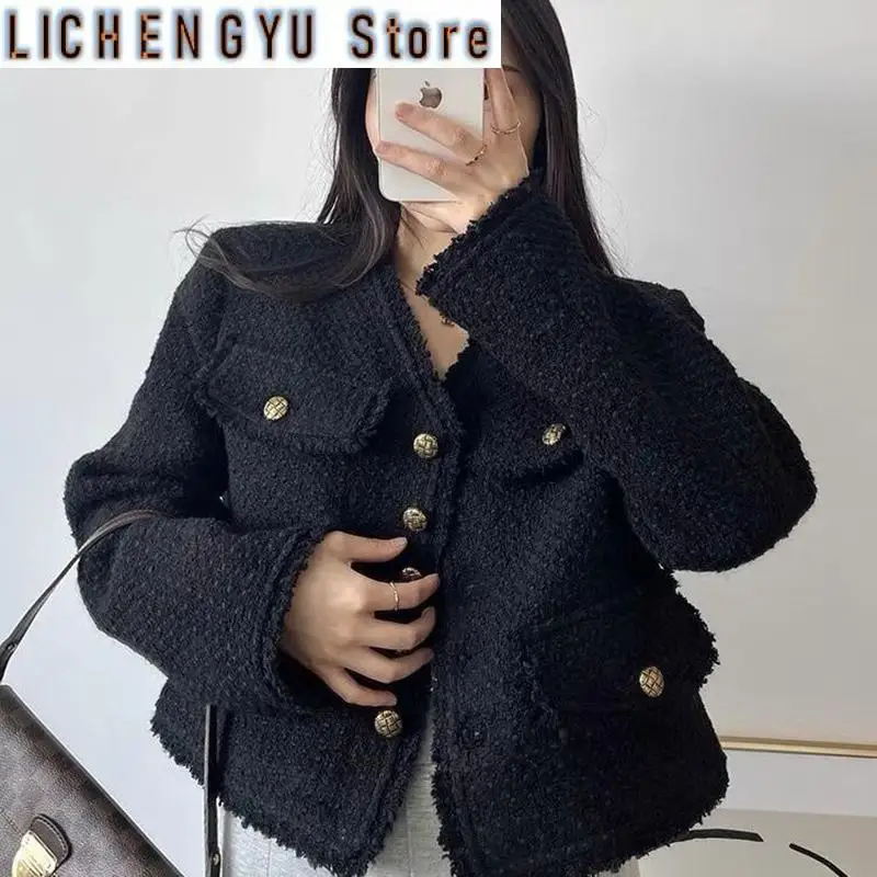 New Korean Fashion Cropped Tweed Jacket Women Autumn Winter Black Long Sleeved Tassel Coats Elegant All Match Outerwear