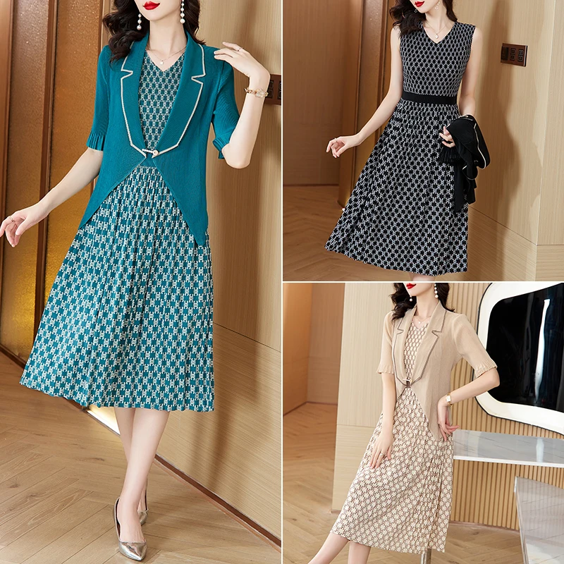 2024 Autumn New Pleated Long Skirt Jacket Two-Piece Set With Checkered Print Suit Collar And Waist Cinching Magic Skirt Set