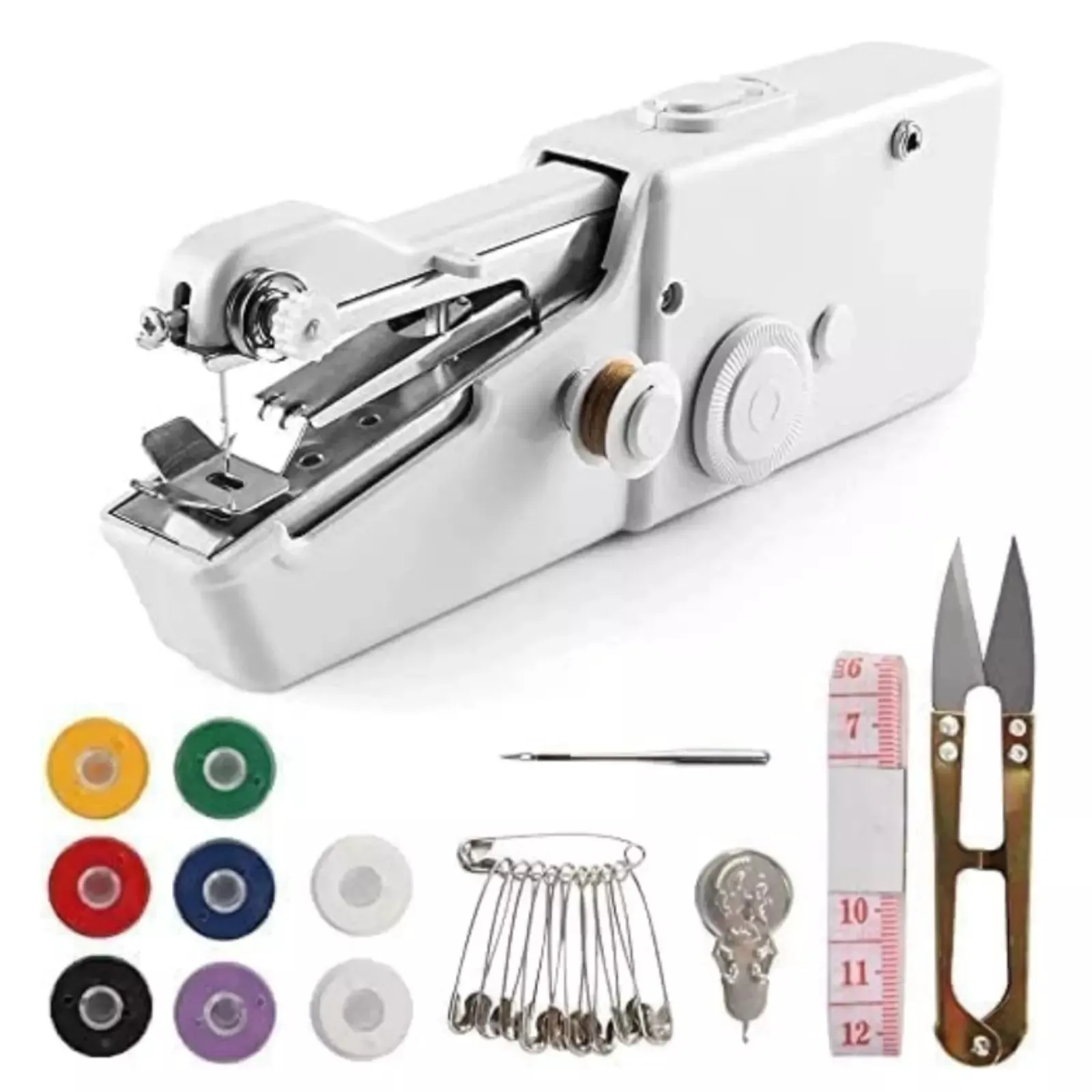 Handnähmaschine, Mini Tragbare Nähmaschine, Elektrisches Haushalts-Reparaturwerkzeug mit Maßband für Stoff, Kinderkleidung, Handarbeiten, Heim- und Reisegebrauch, Weiß