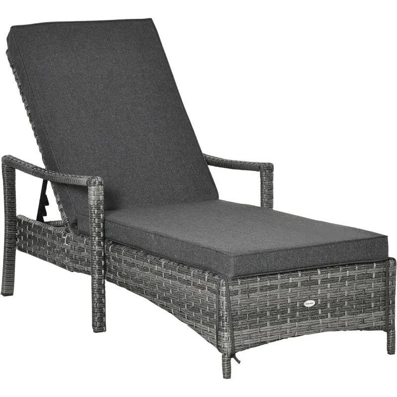 

Wicker Chaise Lounge, 4 Position Adjustable Backrest and Cushions Outdoor Lounge Chair PE Rattan Sun Lounger for Poolside